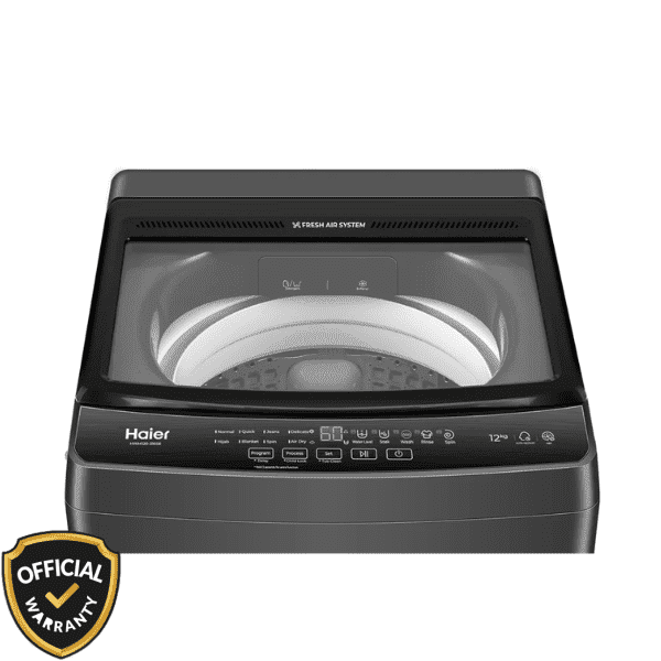 Top view of Haier 12 KG Top Loading Automatic Washing Machine in dark grey finish with digital display panel.
