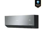 Left view of Haier 19UltimateCool 1.6 Ton Inverter Pro Air Conditioner in grey color with LED display and official warranty badge.