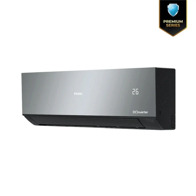 Left view of Haier 19UltimateCool 1.6 Ton Inverter Pro Air Conditioner in grey color with LED display and official warranty badge.