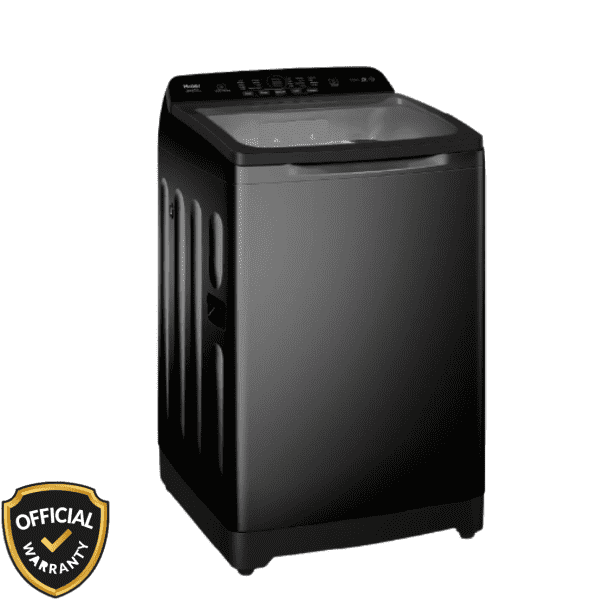 Left-Side-Haier 13 KG Top Load Automatic Washing Machine in dark grey finish with digital control panel and glass lid.
