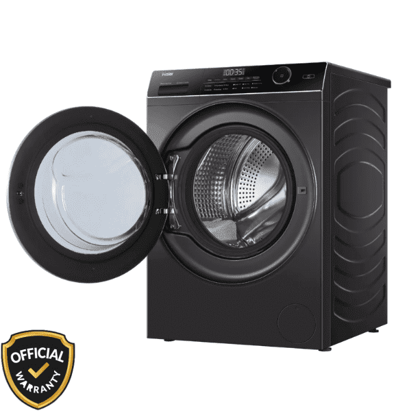 Haier 10.5 KG AI Direct Motion Front Load Washing Machine in premium dark grey finish with large glass door and touch control.