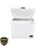 Open view of Hitachi HRCJ11316MNWBD 316L Chest Freezer in white color showing handle and control panel.