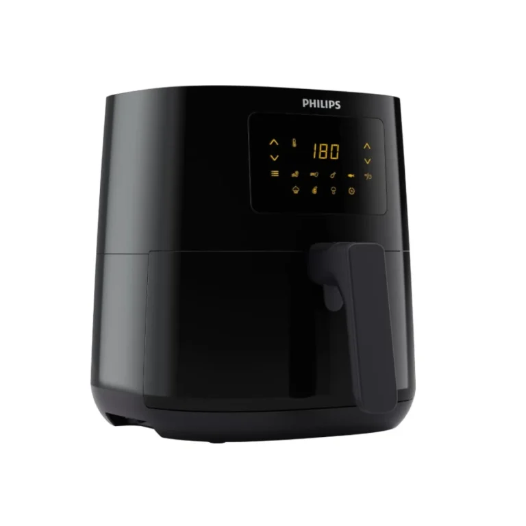 Left view of Philips Essential 4.1L Air Fryer HD9252 with digital touch screen and Rapid Air technology.