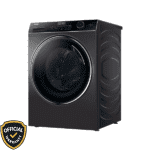 Side View Haier 10.5+7 KG AI Direct Motion Washer Dryer Combo in premium dark grey finish with a large glass door and digital touch control.