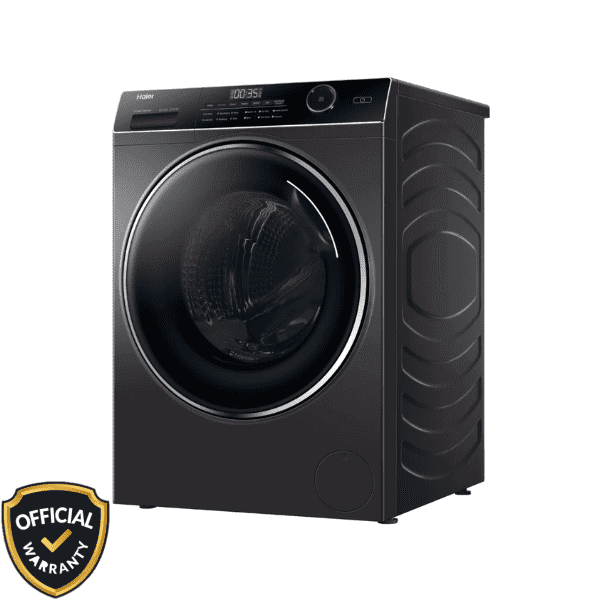 Haier 12 KG Inverter Front Load Washing Machine in premium dark grey finish with a large glass door and digital LED display.