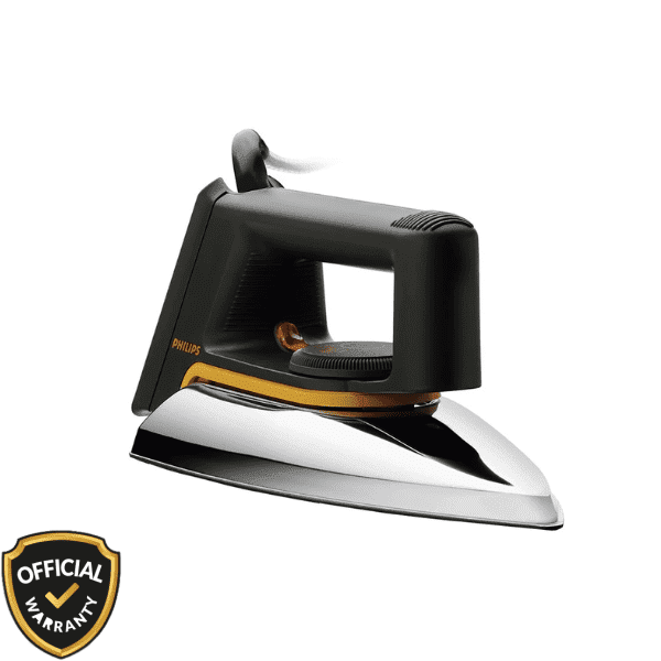 Side view of Philips Classic HD1172 1000W Dry Iron in black with a non-stick soleplate and button groove tip.