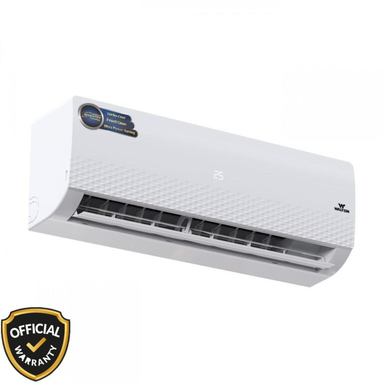 Side view of Walton 1 Ton Intelligent Inverter AC WSI-DIAMOND-12J in white showing Frost Clean and Turbo Cool features.