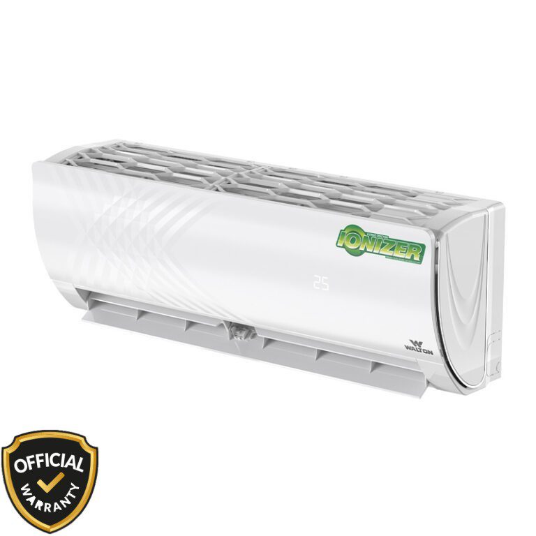 Side perspective view of Walton 1 Ton Non Inverter AC WSN-KRYSTALINE-12F featuring Ionizer technology and digital temperature display.