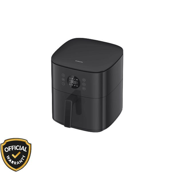 Side view of Xiaomi Air Fryer 6.5L Black (MAF-W6051) with digital touch control panel and official warranty badge.