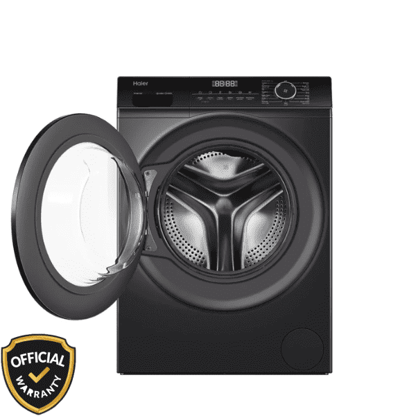 Open view of Haier 8 KG Inverter Front Load Washing Machine in dark silver/grey finish with LED digital display.