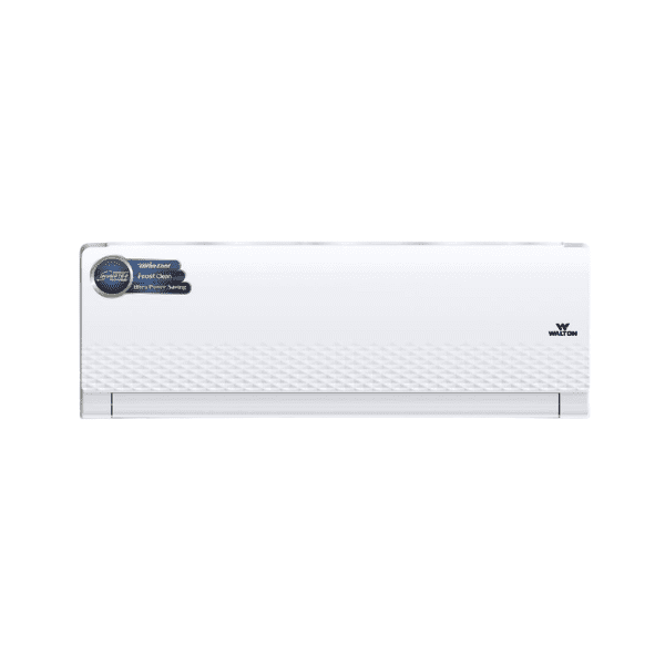 Front view of Walton 1 Ton Intelligent Inverter AC WSI-DIAMOND-12J in white showing Frost Clean and Turbo Cool features.