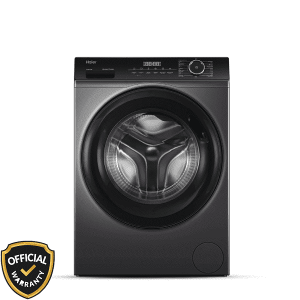 Front view of Haier 8 KG Inverter Front Load Washing Machine in dark silver/grey finish with LED digital display.