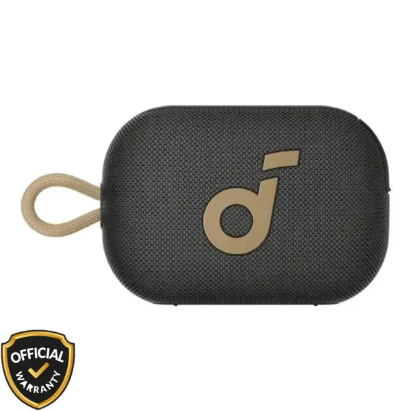 Anker Soundcore Select 4 Go portable Bluetooth speaker in black with a gold logo and tan strap.