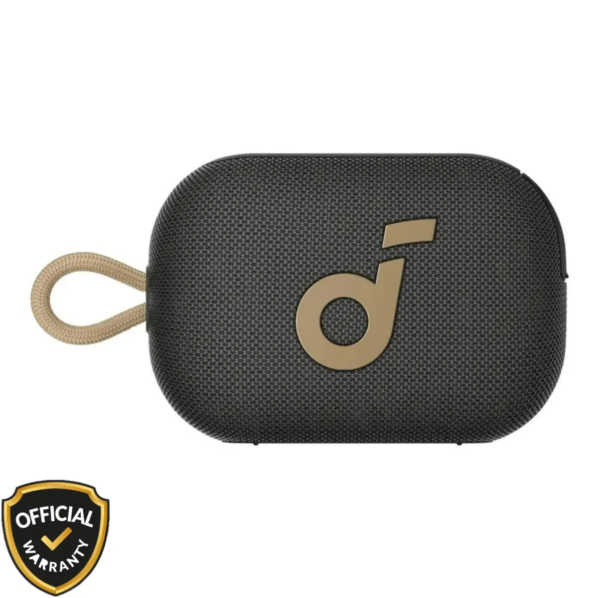 anker-soundcore-select-4-go-bluetooth-speaker-black-gold. Anker Soundcore Select 4 Go portable Bluetooth speaker in black with a gold logo and tan strap.