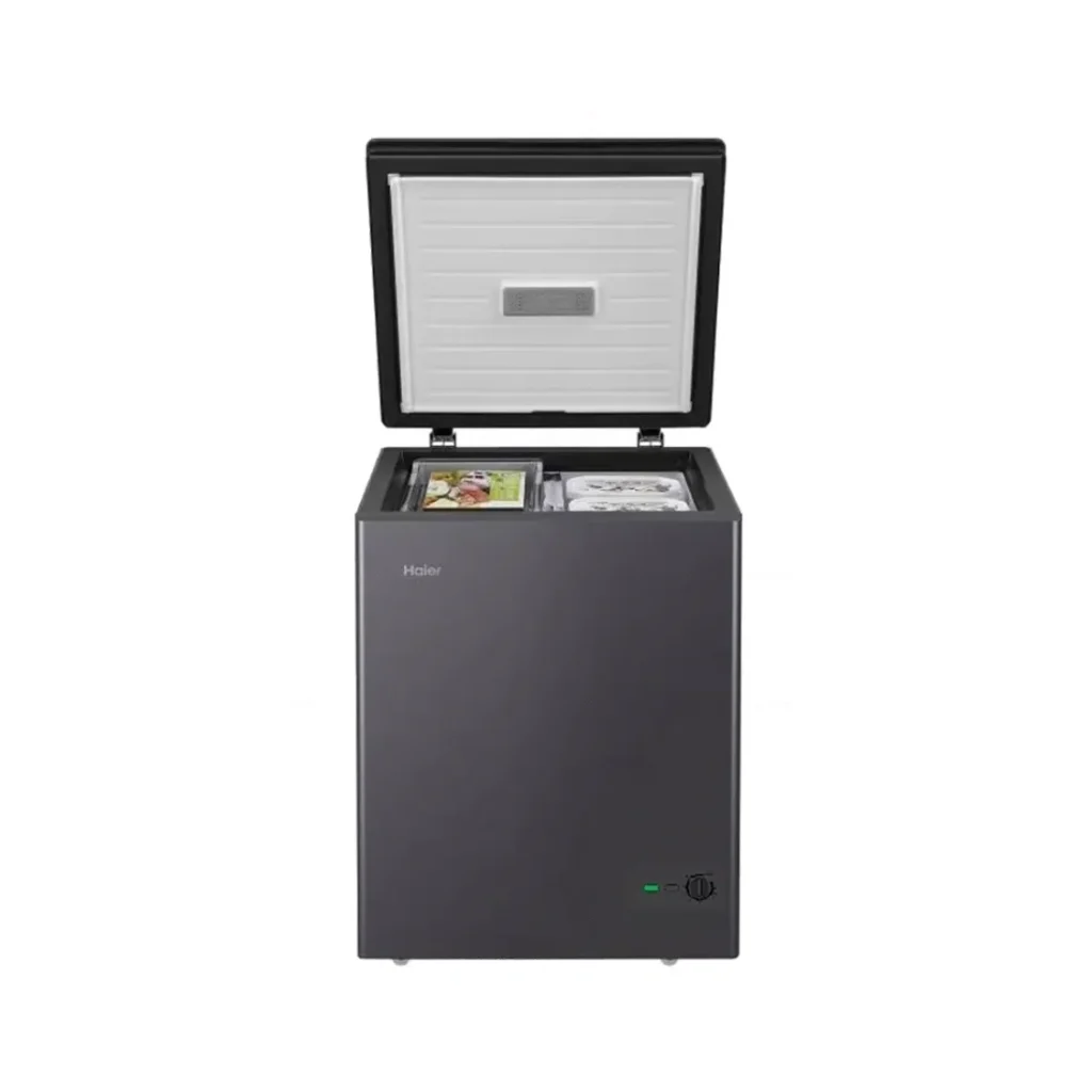 Haier 142 Liter Chest Freezer HCF-175SGM featuring a mechanical temperature knob and charcoal grey body.-open-view
