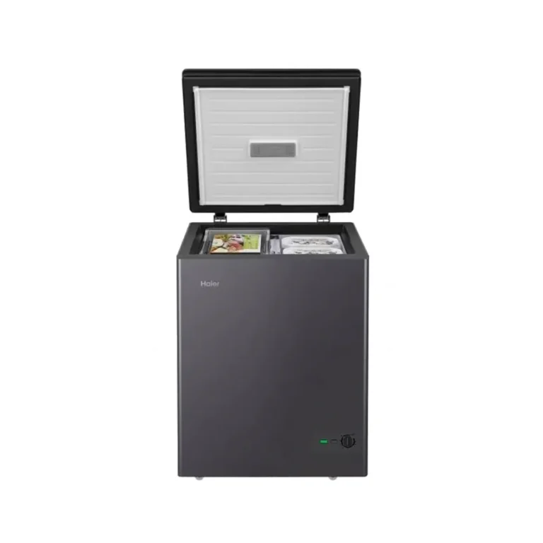Haier 142 Liter Chest Freezer HCF-175SGM featuring a mechanical temperature knob and charcoal grey body.-open-view