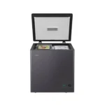 Open Haier 200 Liter Chest Freezer HCF-230SGM charcoal grey color with mechanical temperature control knob and status lights.