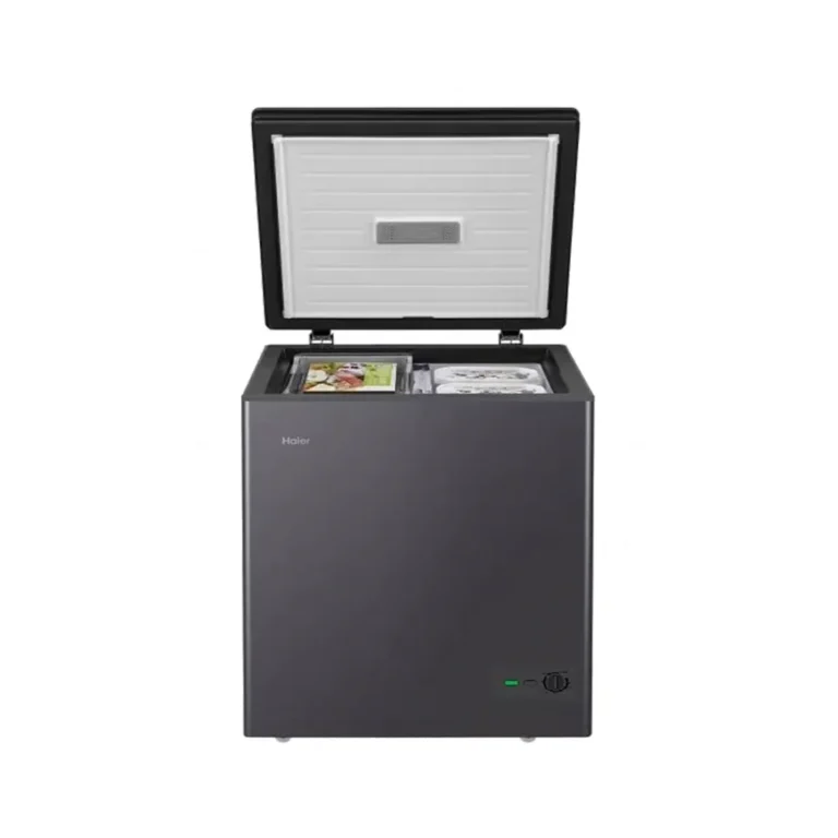Open Haier 200 Liter Chest Freezer HCF-230SGM charcoal grey color with mechanical temperature control knob and status lights.