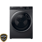 Front view of Haier 10.5 KG AI Direct Motion Front Load Washing Machine in premium dark grey finish with large glass door and touch control.