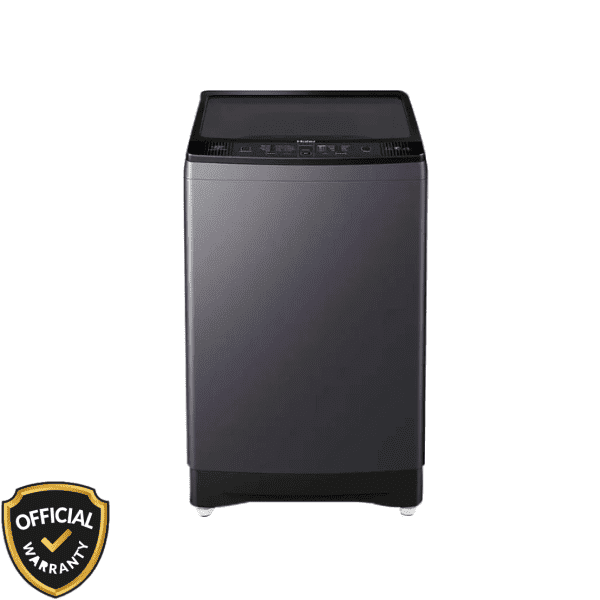 Front view of Haier 12 KG Top Loading Automatic Washing Machine in dark grey finish with digital display panel.