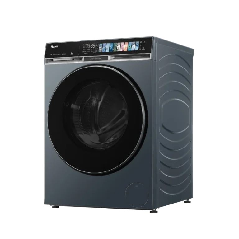 Left view of Haier All-in-One Front Load Washer Dryer 14kg Wash 8kg Dry with digital LED display and dark grey finish.