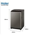 Left side view of Haier 8kg Fully Automatic Top Load Washing Machine with soft-touch control and sleek grey finish.