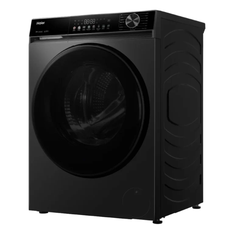 Left view of Haier 9 KG Inverter Front Load Washing Machine HW90-BP12357S8 with LED display and large dark door.
