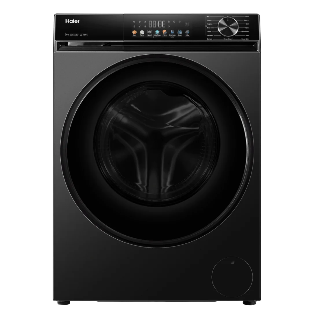 Haier HW90-BP12357S8 9 KG Front Load Washing Machine Haier 9 KG Inverter Front Load Washing Machine HW90-BP12357S8 with LED display and large dark door.