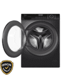 Haier 9 KG Inverter Front Load Washing Machine with open door, showing stainless steel drum and digital control panel.