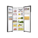 Open view of Haier HRF-622IBG 600 Liters Side-by-Side No Frost Refrigerator with Sleek Black Glass Design and Vertical Display.