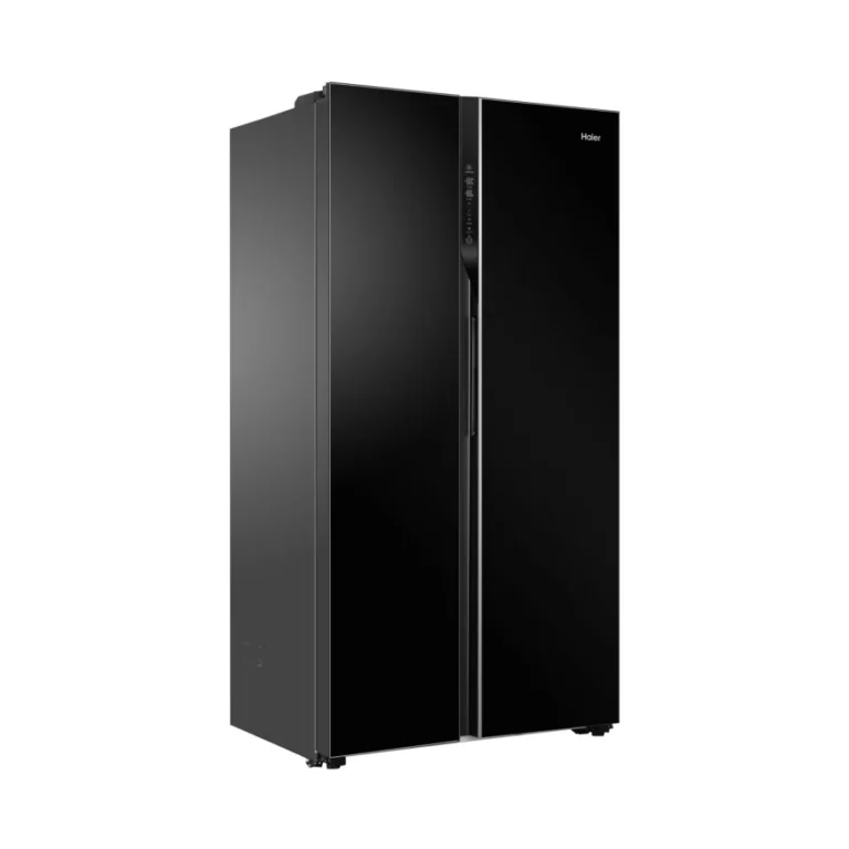 Haier HRF-622IBG 600 Liters Side-by-Side No Frost Refrigerator with Sleek Black Glass Design and Vertical Display.
