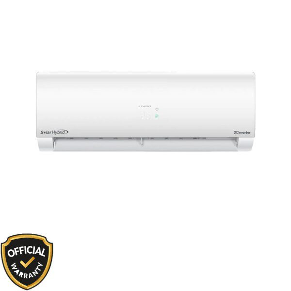 Front view of Haier Solar 1.6 Ton Hybrid Inverter Air Conditioner HSU-19SolarCool with WiFi and digital display.