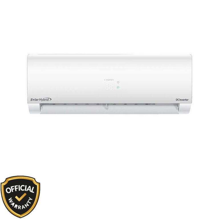 Front view of Haier Solar 1.6 Ton Hybrid Inverter Air Conditioner HSU-19SolarCool with WiFi and digital display.