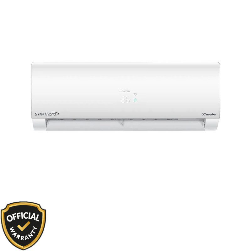 haier-solar-hybrid-inverter-ac-1-6-ton-hsu-19solarcool. Front view of Haier Solar 1.6 Ton Hybrid Inverter Air Conditioner HSU-19SolarCool with WiFi and digital display.