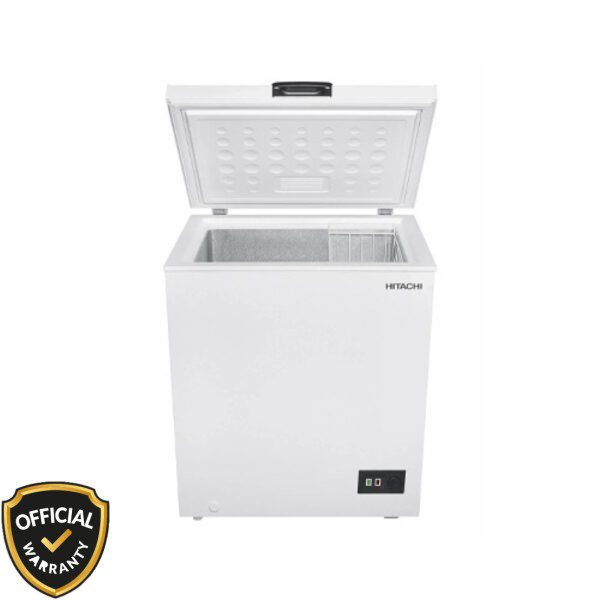 Front open view of Hitachi HRCJ7145MNWBD 145L Chest Freezer in white color.