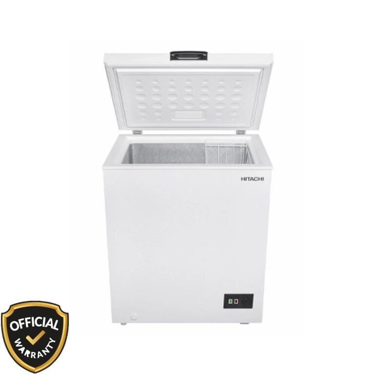 Front open view of Hitachi HRCJ7145MNWBD 145L Chest Freezer in white color.