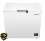 Hitachi HRCJ11316MNWBD 316L Chest Freezer in white color showing handle and control panel.