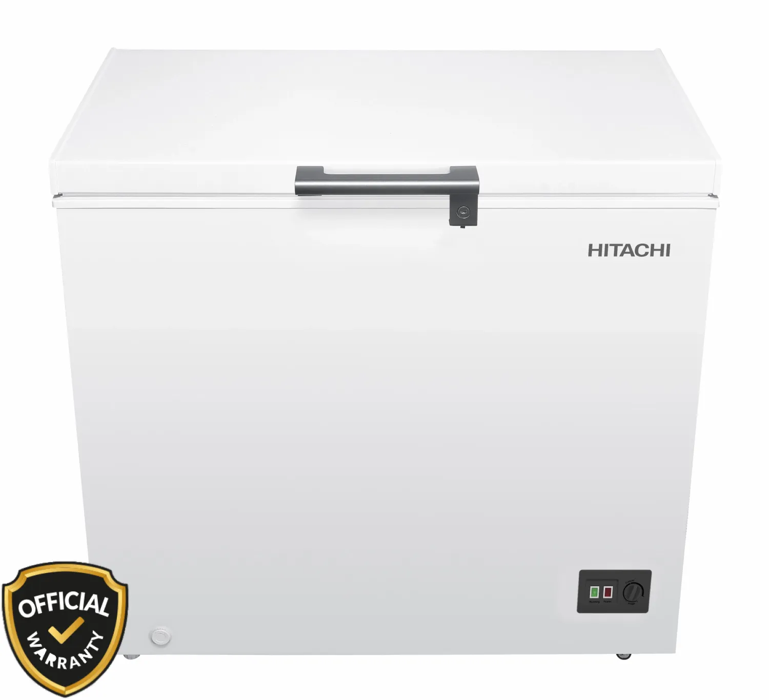 hitachi-200l-chest-freezer-hrcj9200mnwbd-white Hitachi HRCJ11316MNWBD 316L Chest Freezer in white color showing handle and control panel.