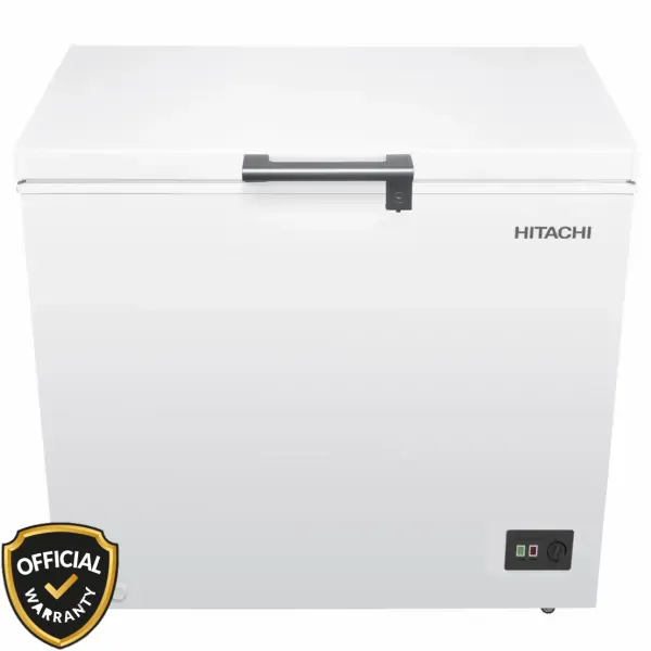 Front view of Hitachi HRCJ9200MNWBD 200L Chest Freezer in white color.