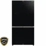 Front view of Hitachi R-WB640V0PB (GBK) 638L 4-Door French Bottom Freezer Refrigerator in Glass Black finish.