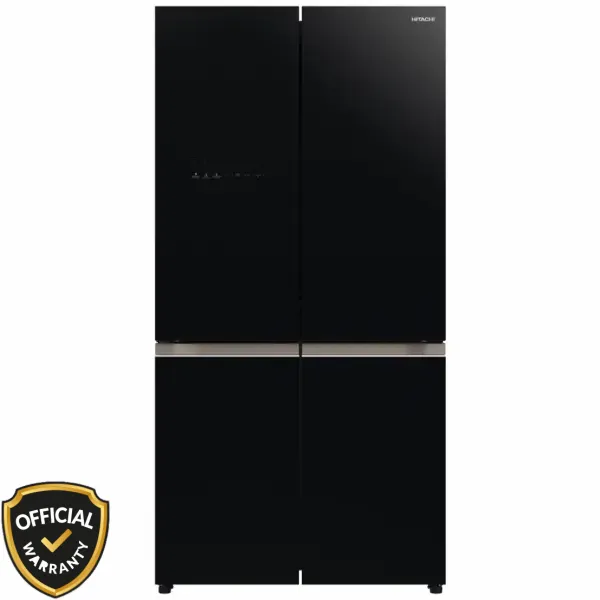 Front view of Hitachi R-WB640V0PB (GBK) 638L 4-Door French Bottom Freezer Refrigerator in Glass Black finish.