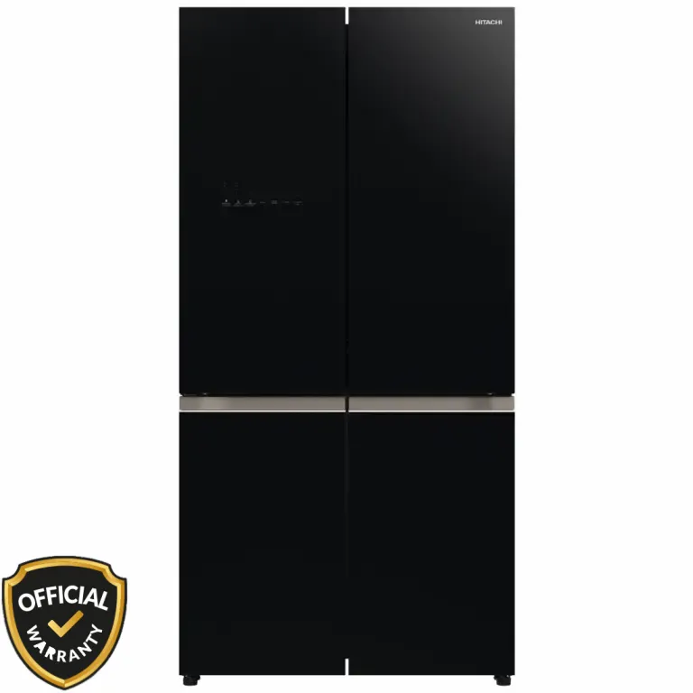Front view of Hitachi R-WB640V0PB (GBK) 638L 4-Door French Bottom Freezer Refrigerator in Glass Black finish.
