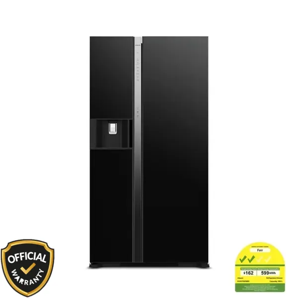 Front view of Hitachi R-SX800GPBO (GBK) 633L Side By Side Refrigerator with Water Dispenser and Auto Ice Maker in Glass Black finish.