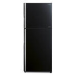 Front view of Hitachi R-VG420P8PB 375L Stylish Line Top Freezer Refrigerator in Black finish.