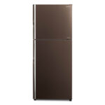 Front view of Hitachi R-VG420P8PB 375L Stylish Line Top Freezer Refrigerator in Gold finish.