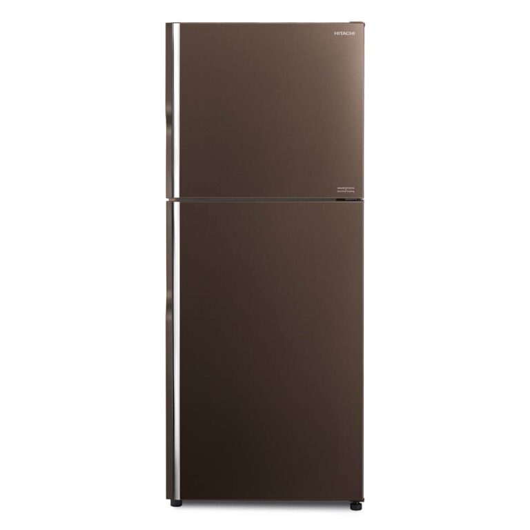 Front view of Hitachi R-VG420P8PB 375L Stylish Line Top Freezer Refrigerator in Gold finish.
