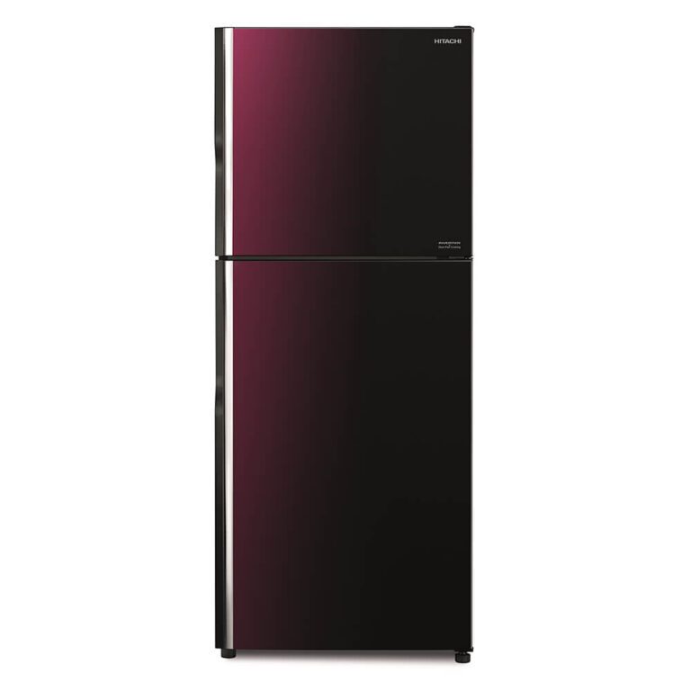Hitachi R-VG490P8PB 443L Stylish Line Refrigerator with Gradation Maroon-Black glass finish.
