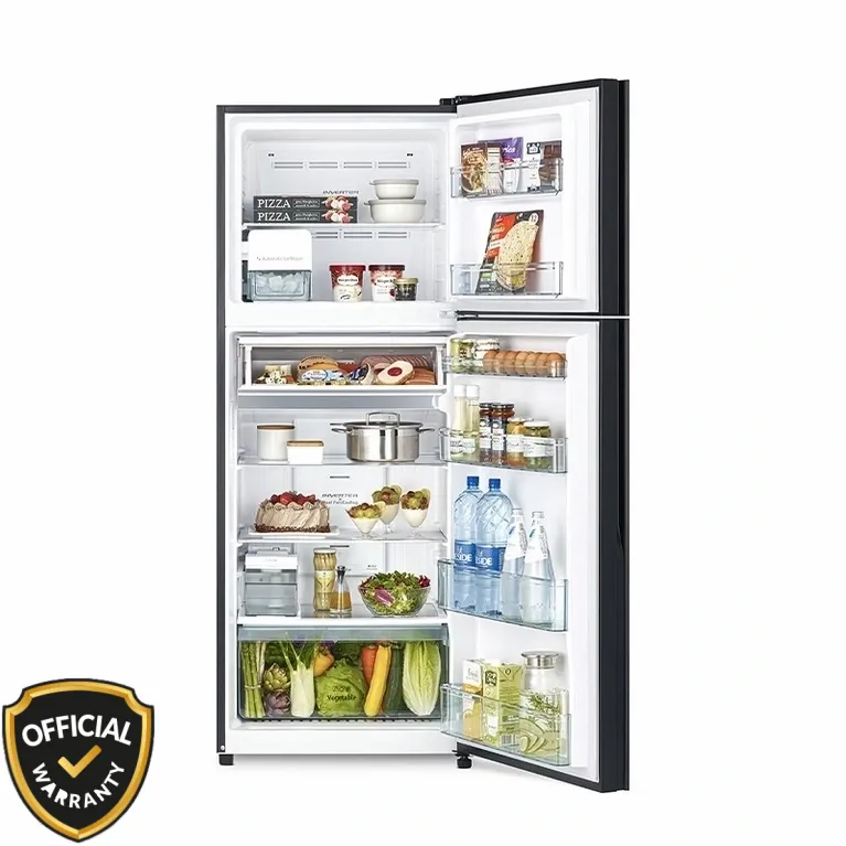 Open view of Hitachi R-VGY490PB0 (GBK) 443L New Stylish Luxury Top Freezer Refrigerator in Glass Black finish.