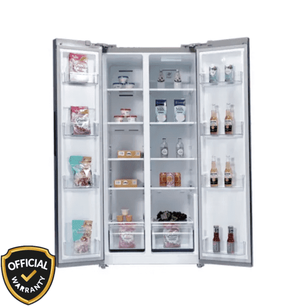 Kelvinator KRS-537SBX 537 Liter Inverter Side-by-Side Refrigerator with black glass finish Open view.