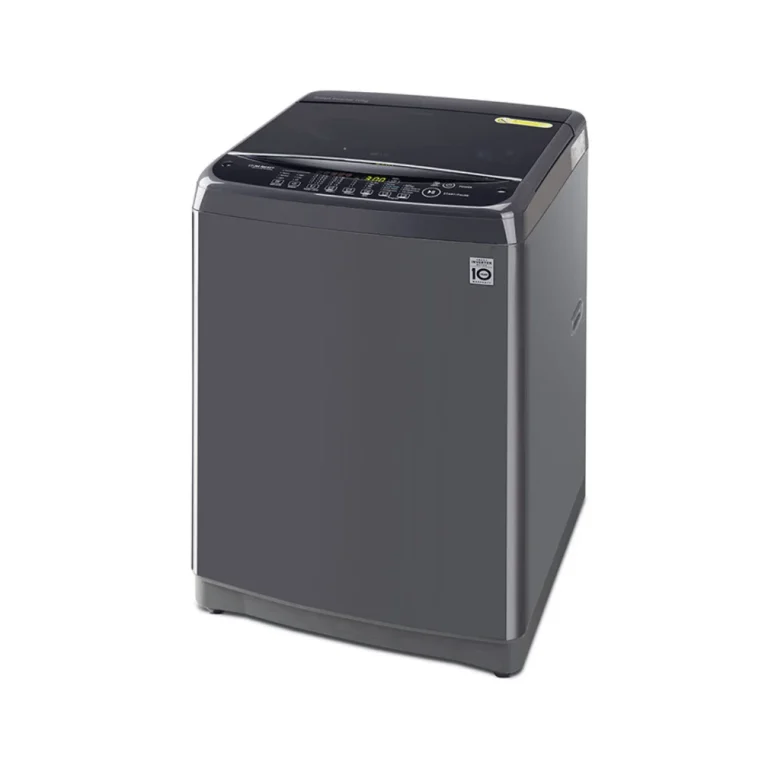 Left view of LG 10 KG Fully Automatic Top Load Washing Machine with Smart Inverter technology and Charcoal Grey finish.